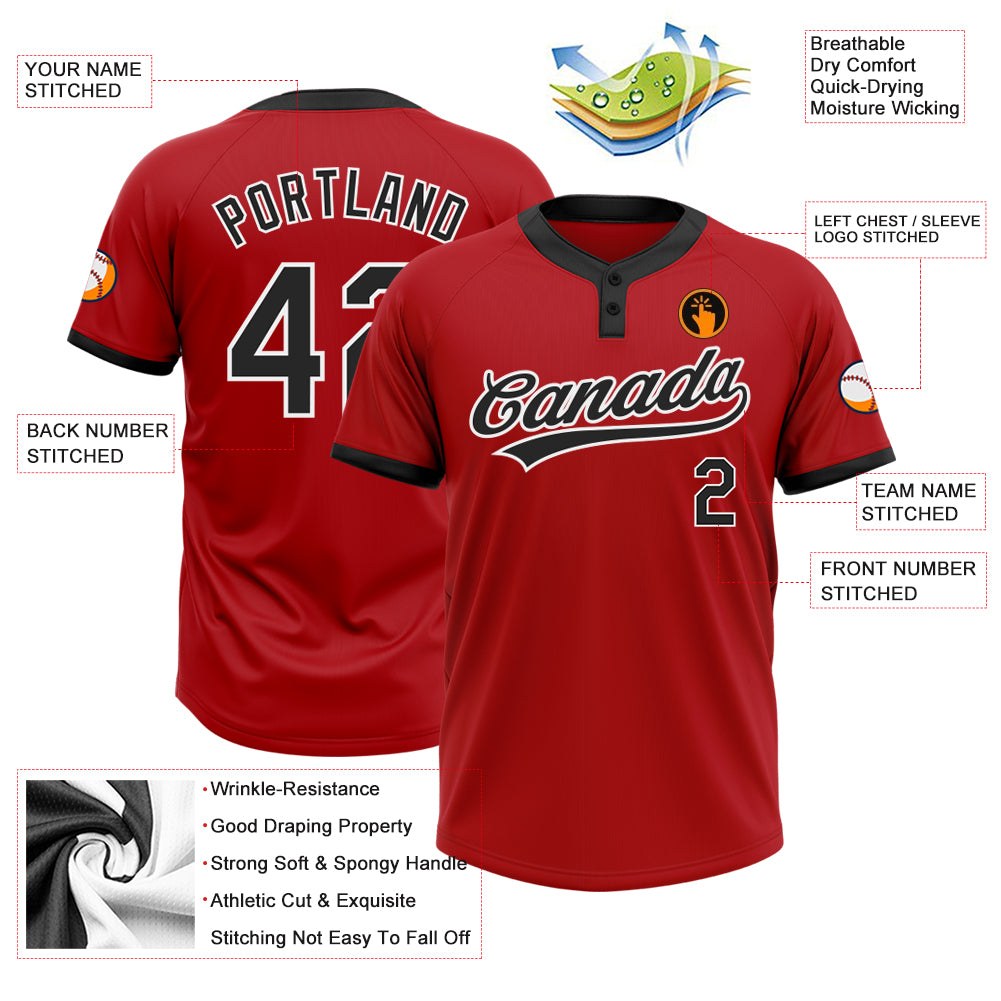 Custom Red Black-White Two-Button Unisex Softball Jersey photo 3