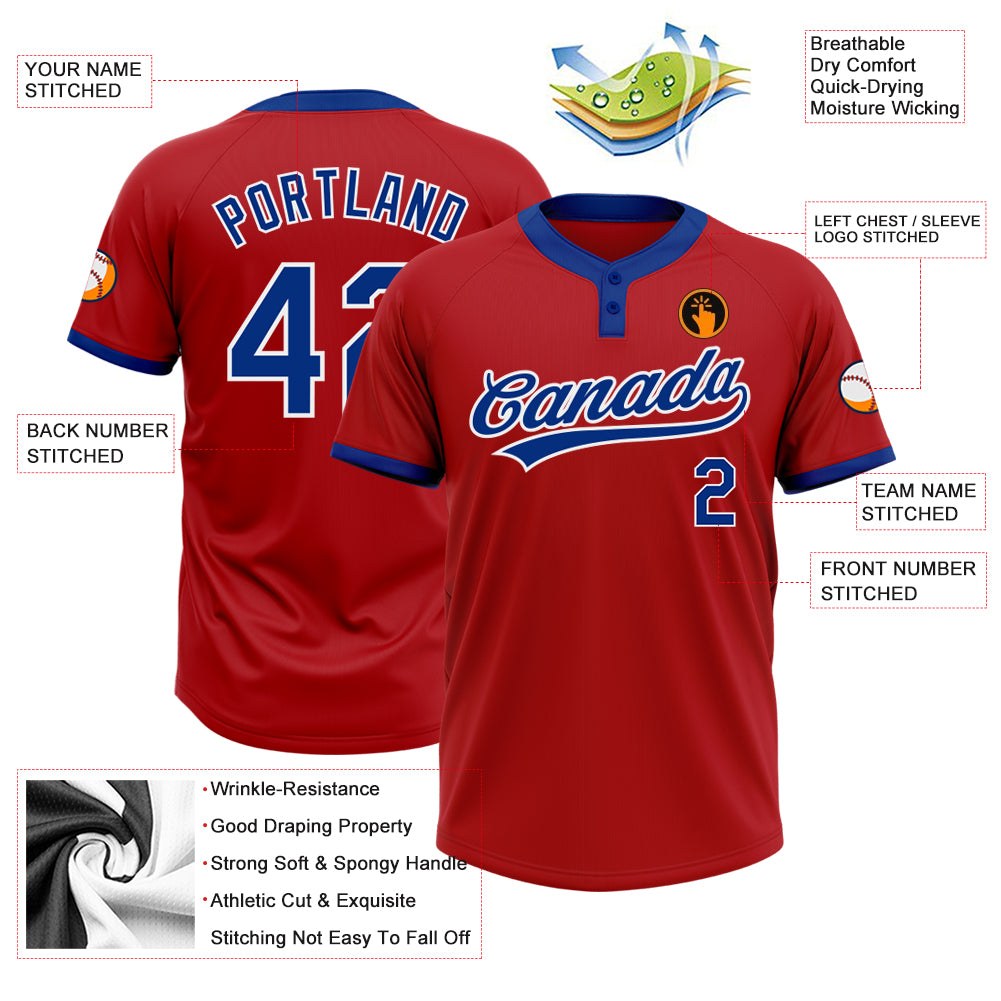 Custom Red Royal-White Two-Button Unisex Softball Jersey photo 3