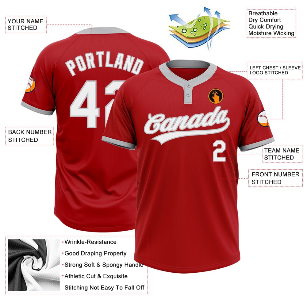Custom Red White-Gray Two-Button Unisex Softball Jersey photo 3