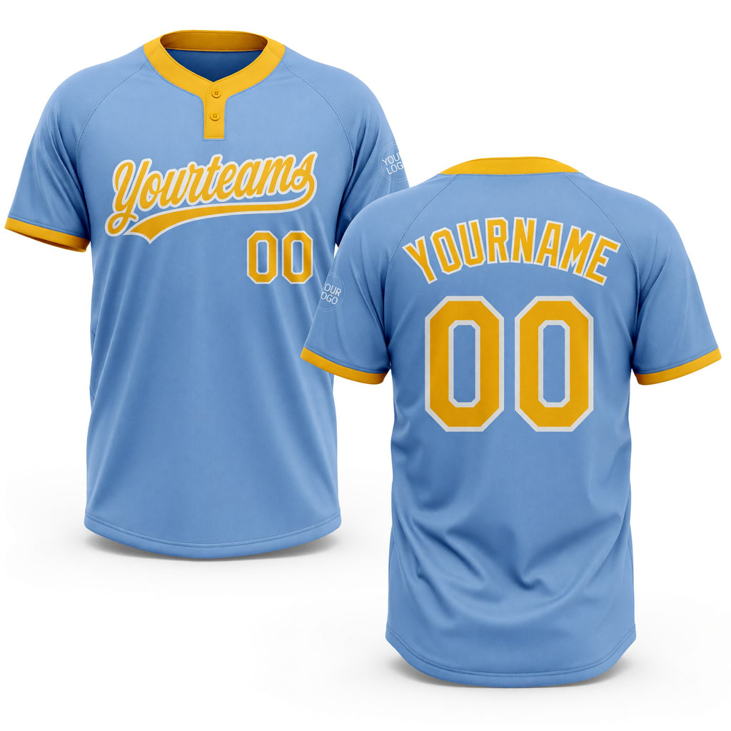 Custom Light Blue Gold-White Two-Button Unisex Softball Jersey
