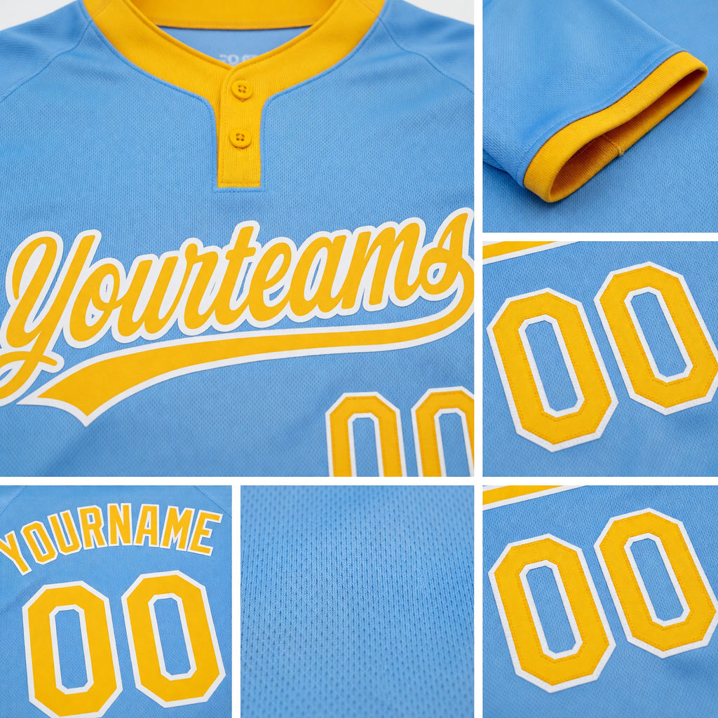Custom Light Blue Gold-White Two-Button Unisex Softball Jersey detail