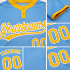 Custom Light Blue Gold-White Two-Button Unisex Softball Jersey detail