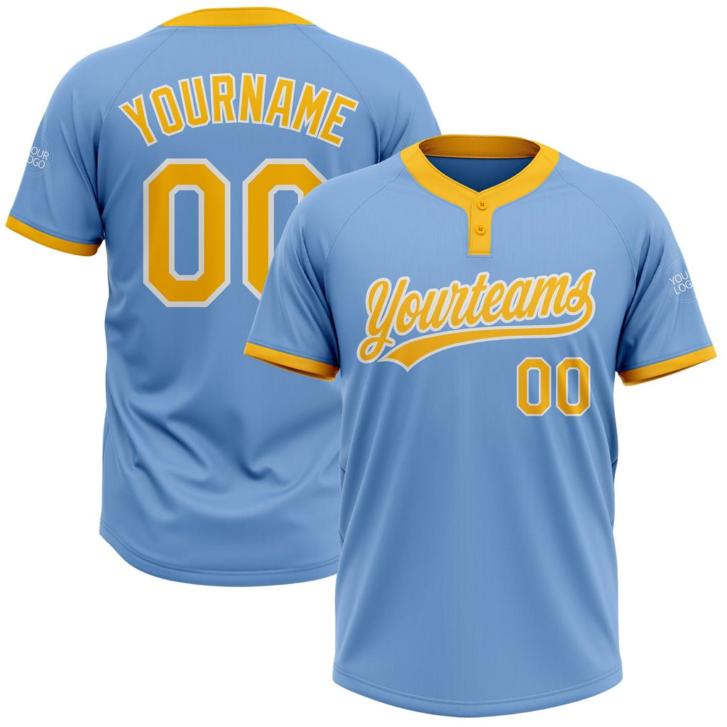 Custom Light Blue Gold-White Two-Button Unisex Softball Jersey photo 1