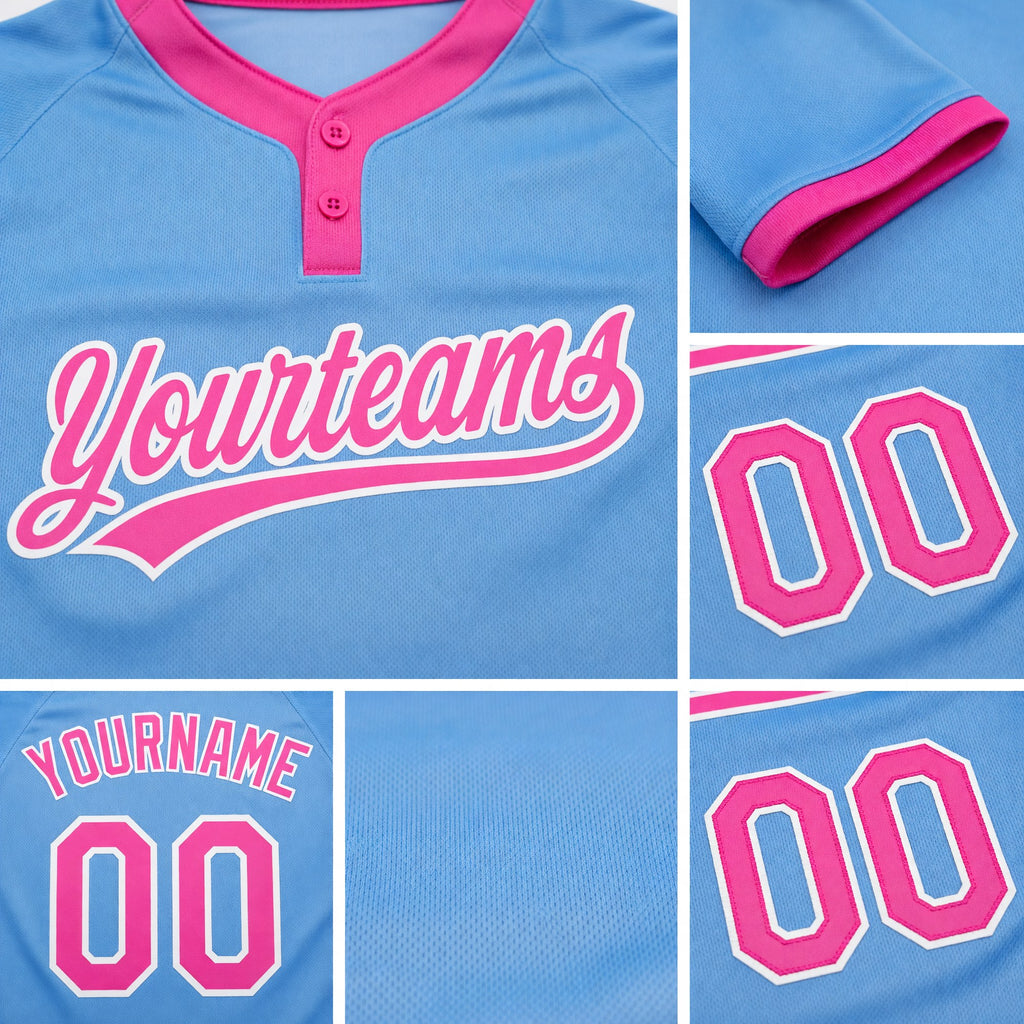 Custom Light Blue Pink-White Two-Button Unisex Softball Jersey detail