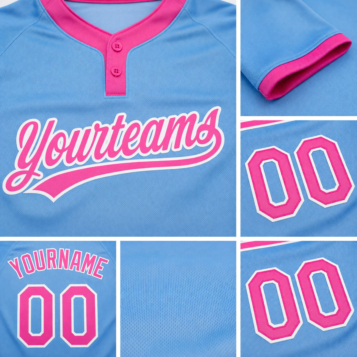 Custom Light Blue Pink-White Two-Button Unisex Softball Jersey detail