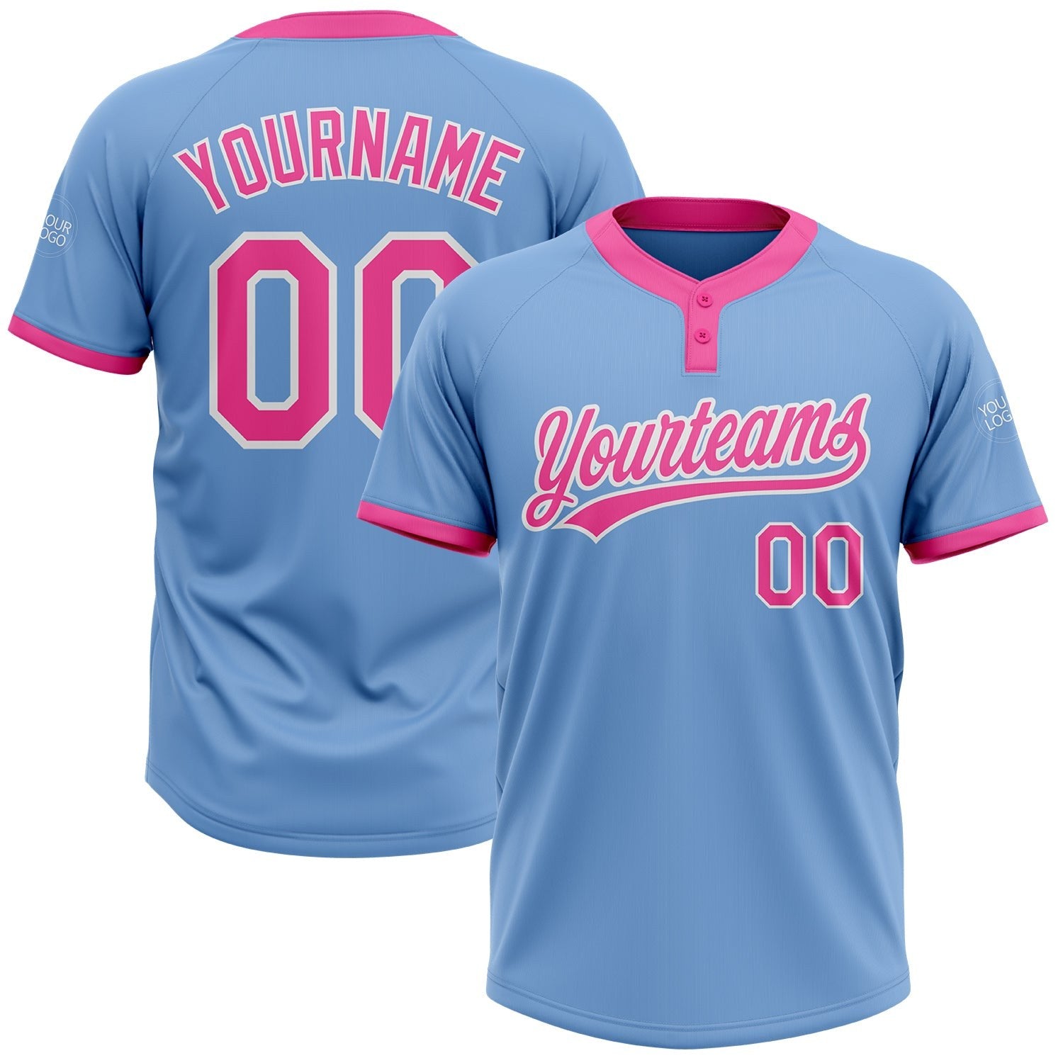 Custom Light Blue Pink-White Two-Button Unisex Softball Jersey photo 1