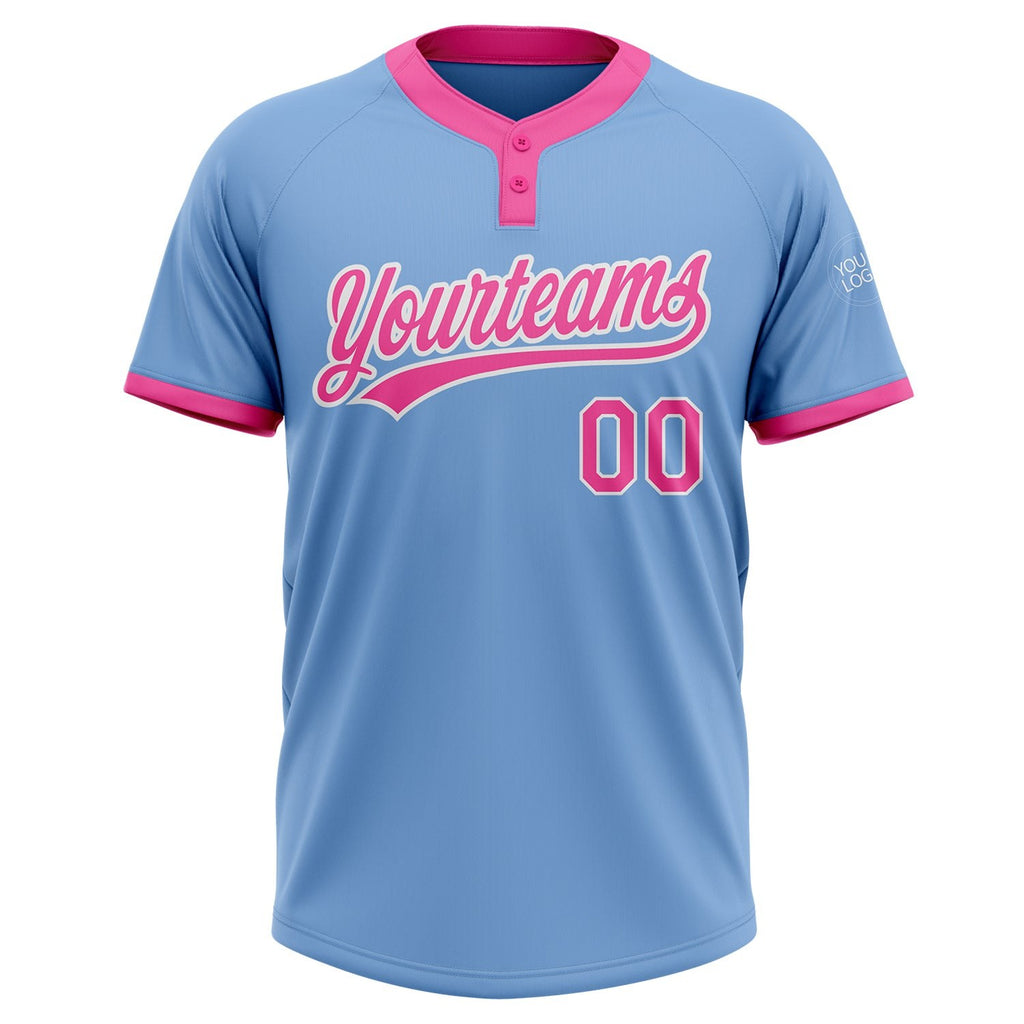 Custom Light Blue Pink-White Two-Button Unisex Softball Jersey photo 2