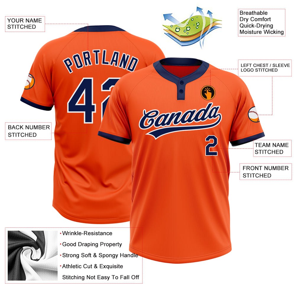 Custom Orange Navy-White Two-Button Unisex Softball Jersey photo 4