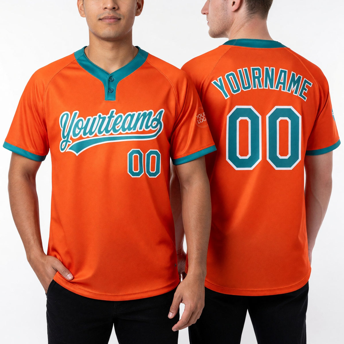 Custom Orange Teal-White Two-Button Unisex Softball Jersey worn front and back