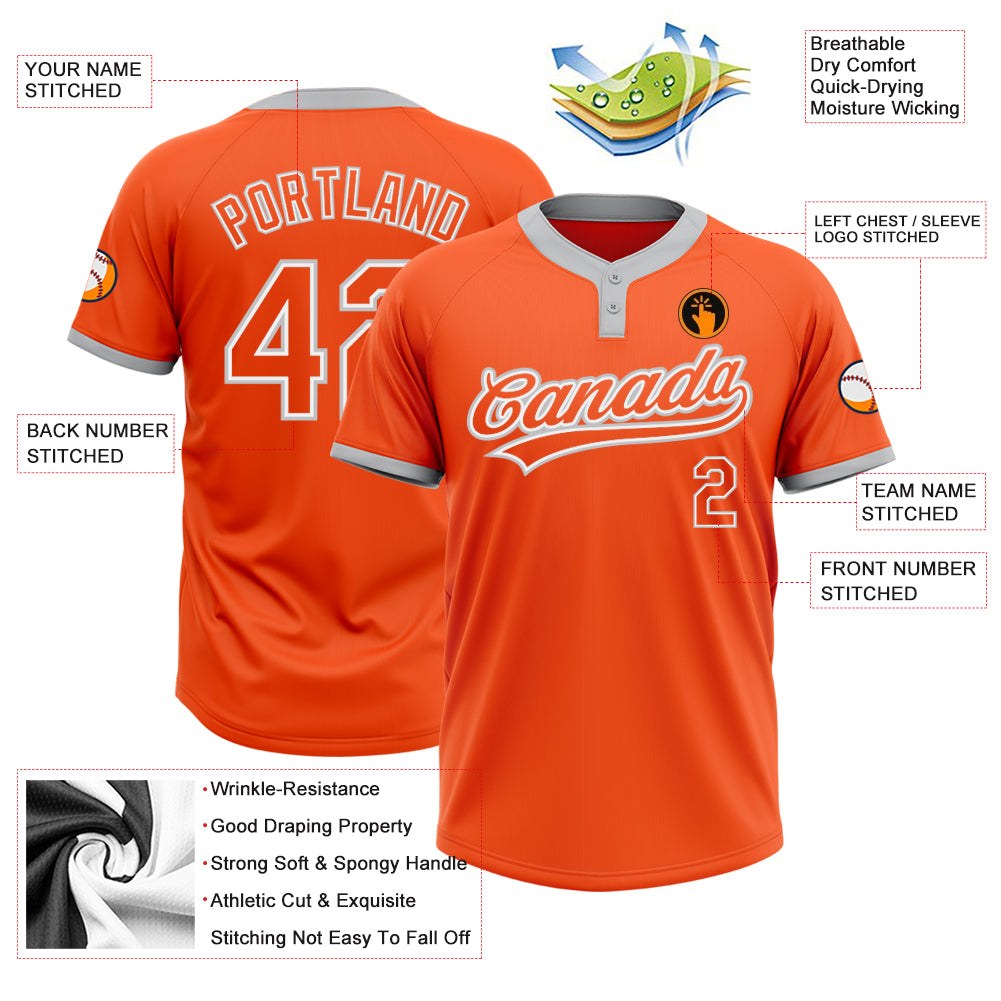 Custom Orange Orange-Gray Two-Button Unisex Softball Jersey photo 3