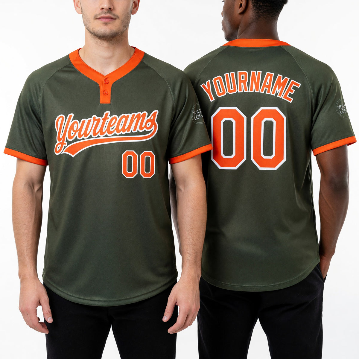 Custom Olive Orange-White Salute To Service Two-Button Unisex Softball Jersey worn front and back