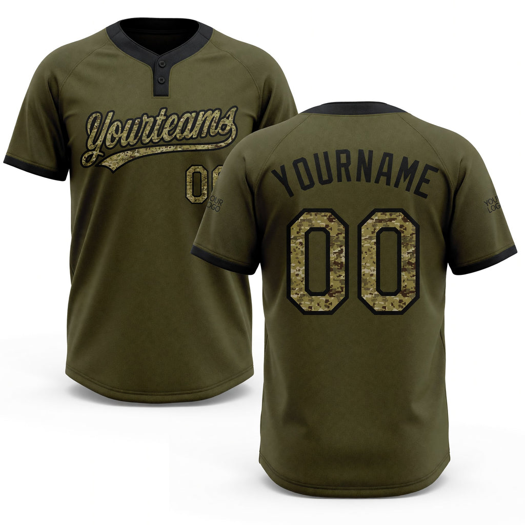 Custom Olive Camo-Black Salute To Service Two-Button Unisex Softball Jersey