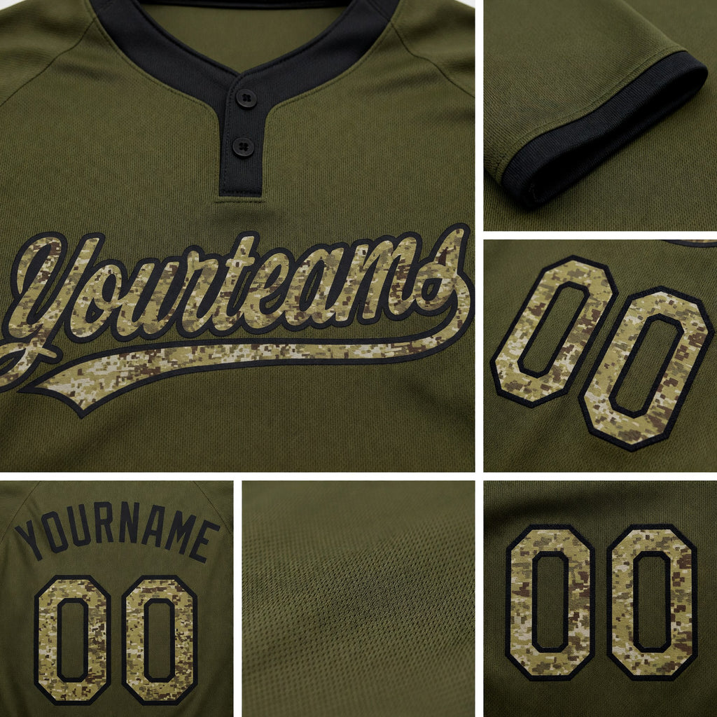 Custom Olive Camo-Black Salute To Service Two-Button Unisex Softball Jersey detail