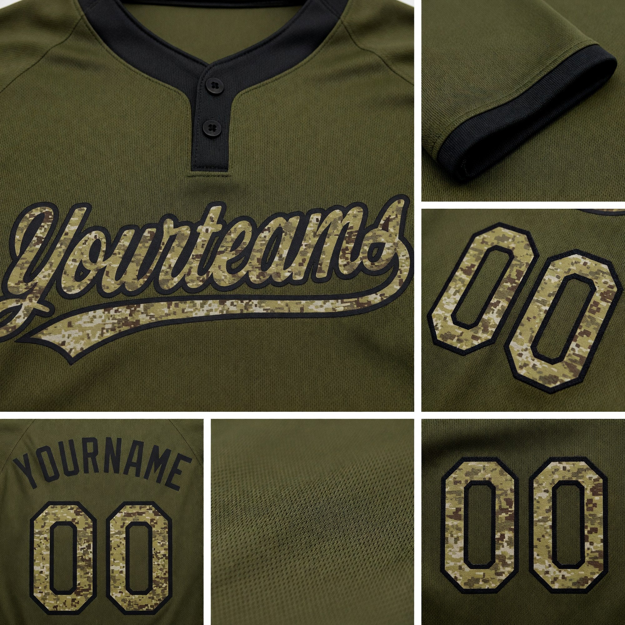 Custom Olive Camo-Black Salute To Service Two-Button Unisex Softball Jersey detail