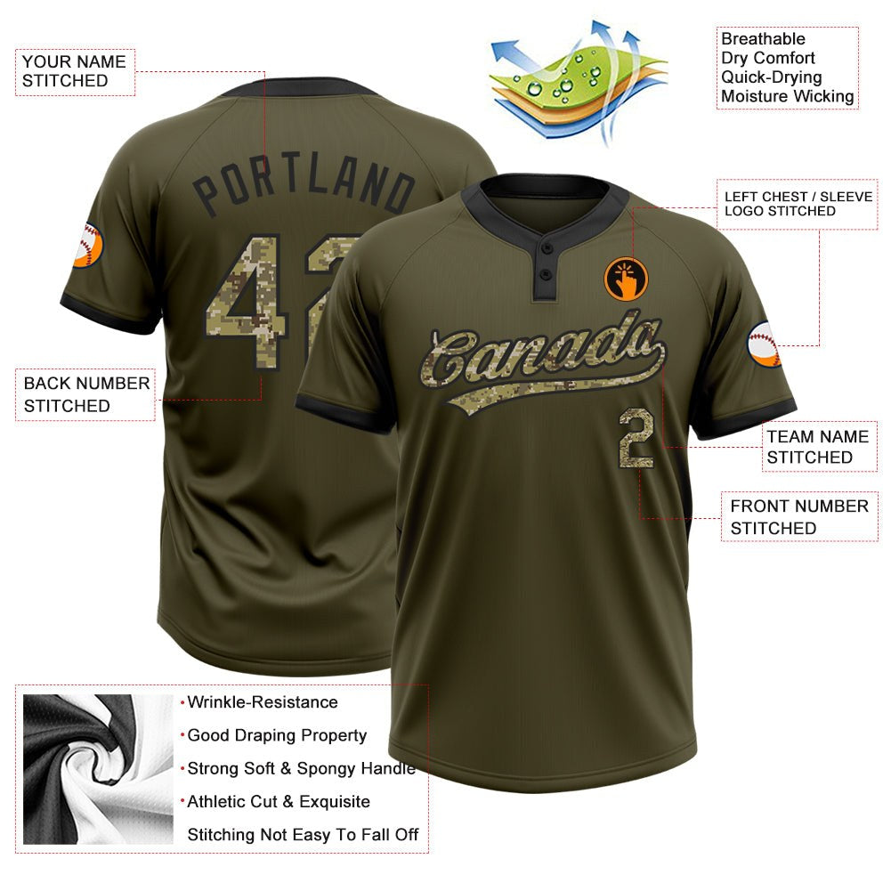 Custom Olive Camo-Black Salute To Service Two-Button Unisex Softball Jersey photo 3
