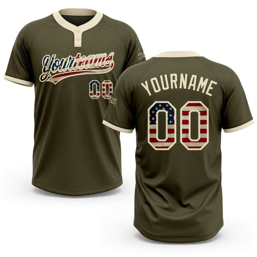 Custom Olive Vintage USA Flag-Cream Salute To Service Two-Button Unisex Softball Jersey