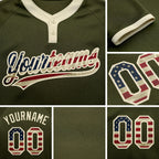Custom Olive Vintage USA Flag-Cream Salute To Service Two-Button Unisex Softball Jersey detail