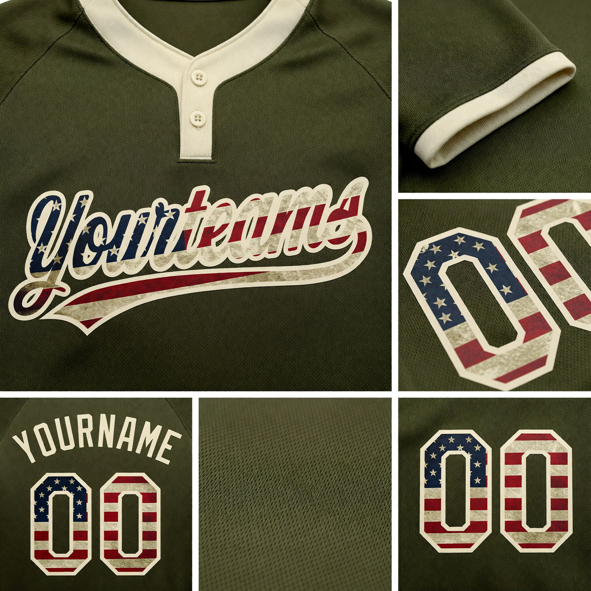 Custom Olive Vintage USA Flag-Cream Salute To Service Two-Button Unisex Softball Jersey detail
