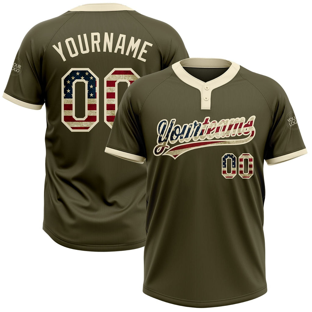 Custom Olive Vintage USA Flag-Cream Salute To Service Two-Button Unisex Softball Jersey photo 1