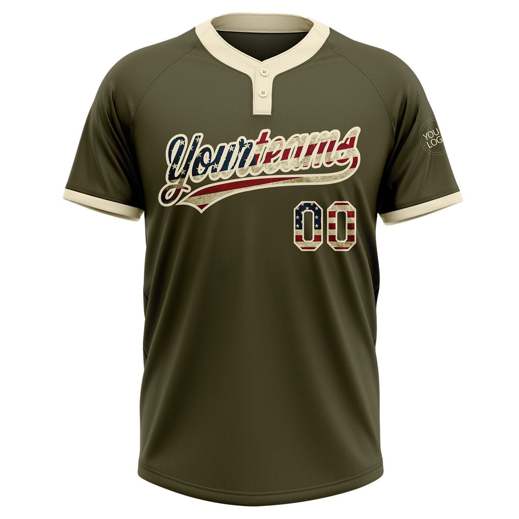 Custom Olive Vintage USA Flag-Cream Salute To Service Two-Button Unisex Softball Jersey photo 2