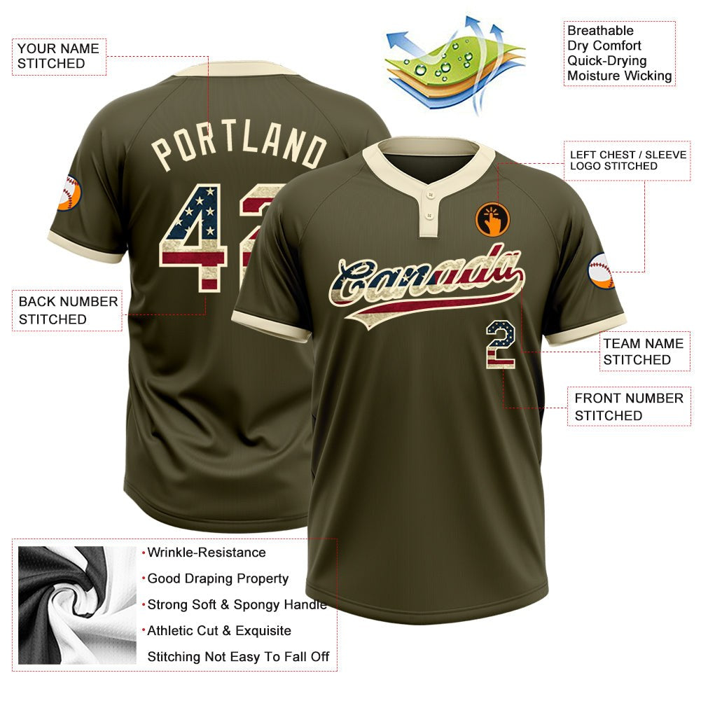 Custom Olive Vintage USA Flag-Cream Salute To Service Two-Button Unisex Softball Jersey photo 3