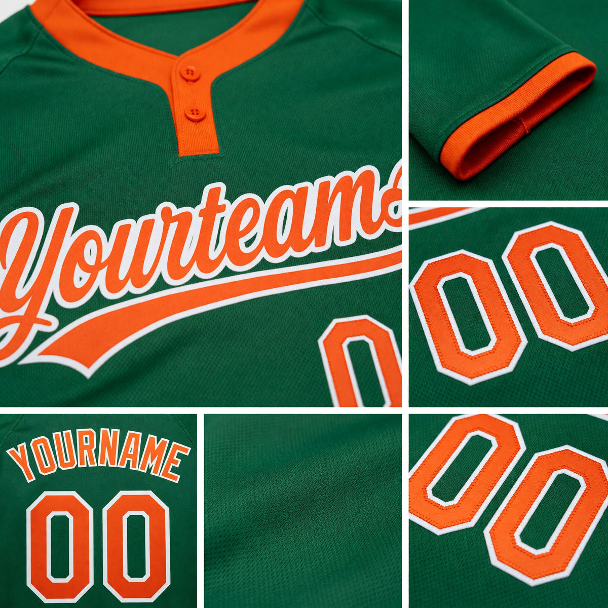Custom Kelly Green Orange-White Two-Button Unisex Softball Jersey detail