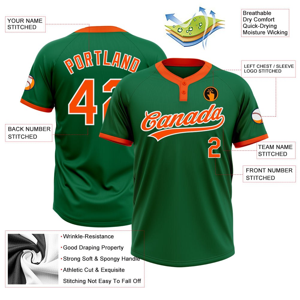 Custom Kelly Green Orange-White Two-Button Unisex Softball Jersey photo 3