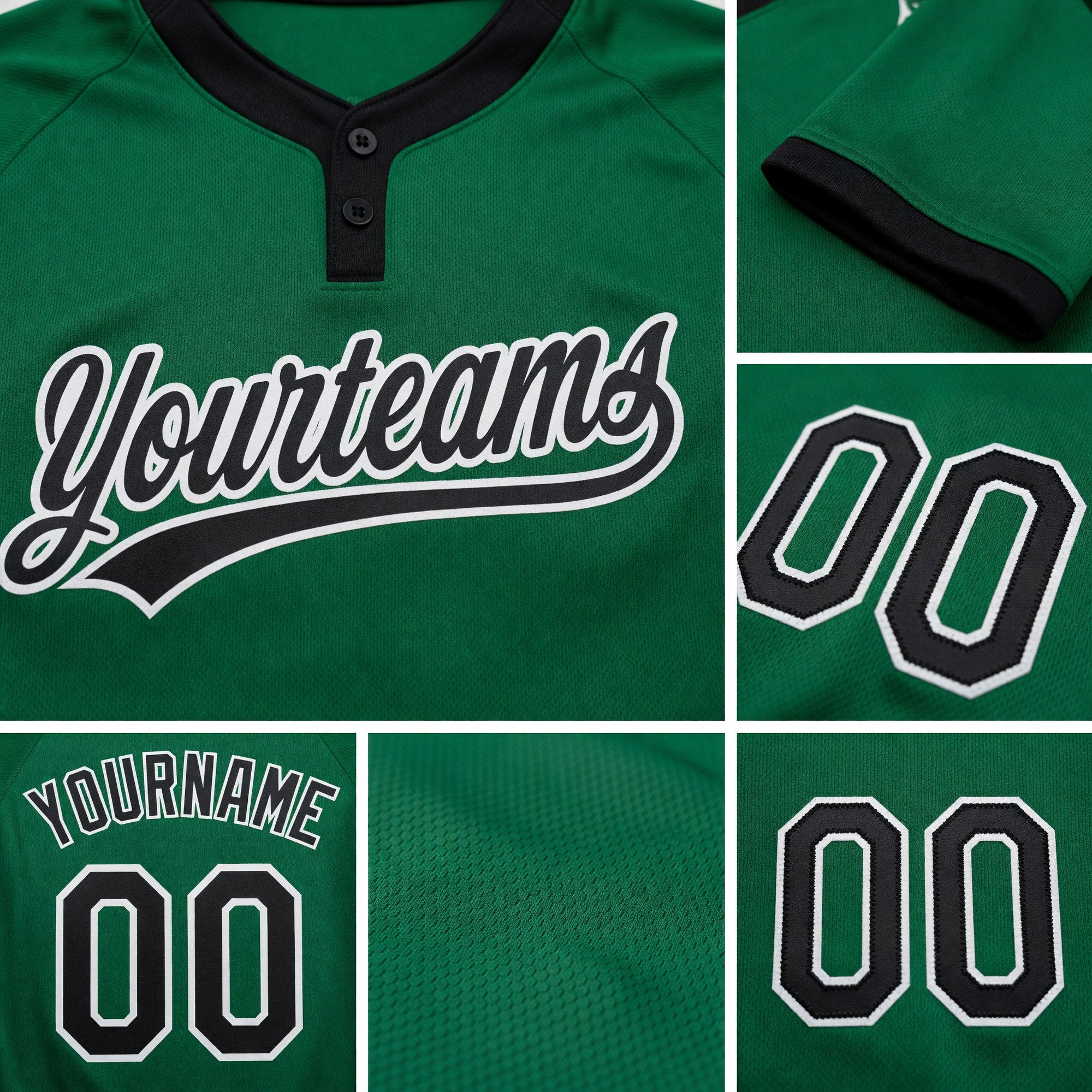 Custom Kelly Green Black-White Two-Button Unisex Softball Jersey detail