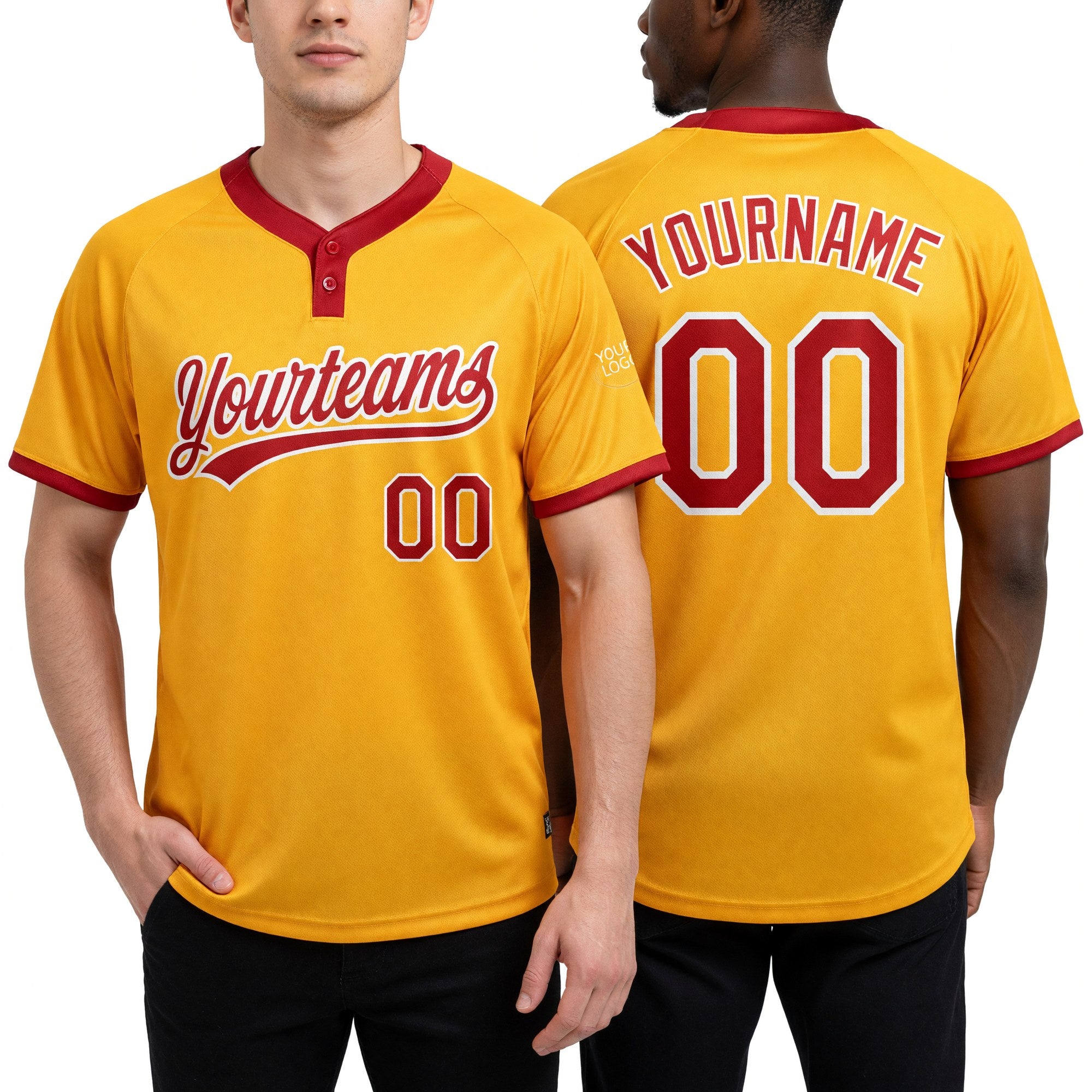 Custom Gold Red-White Two-Button Unisex Softball Jersey worn front and back