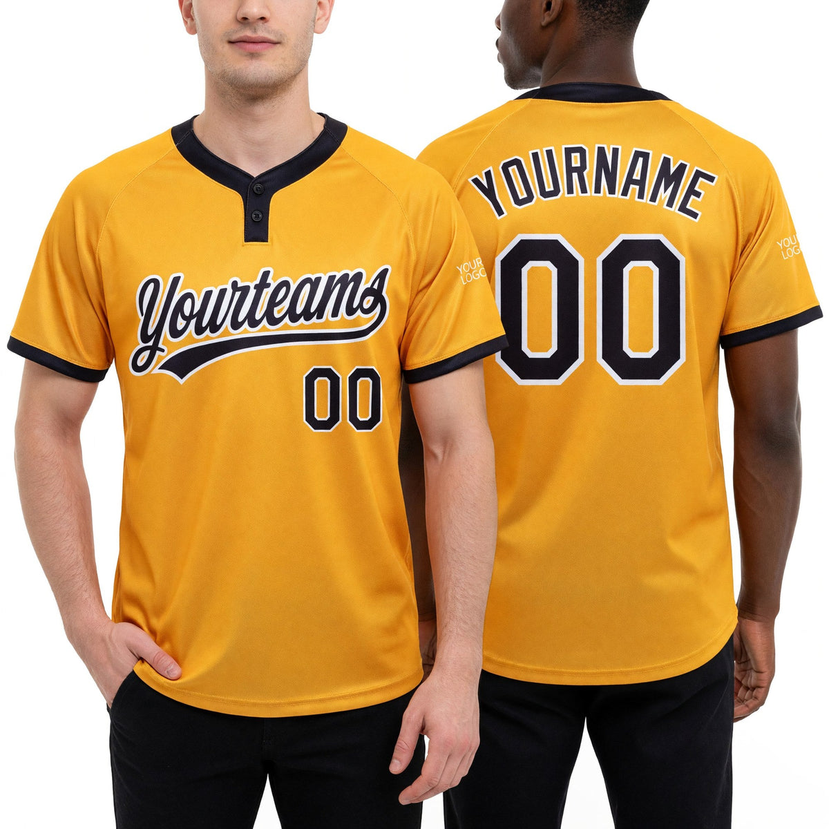 Custom Gold Black-White Two-Button Unisex Softball Jersey worn front and back