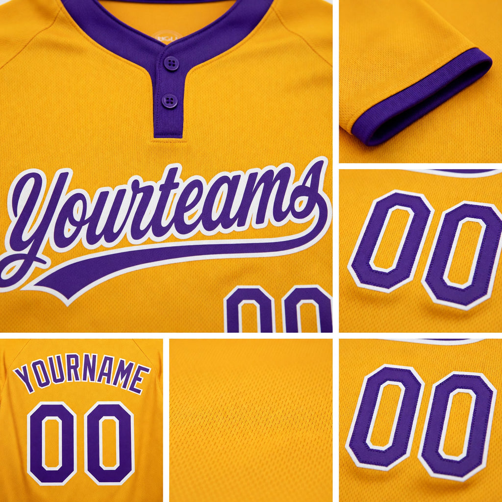 Custom Gold Purple-White Two-Button Unisex Softball Jersey detail