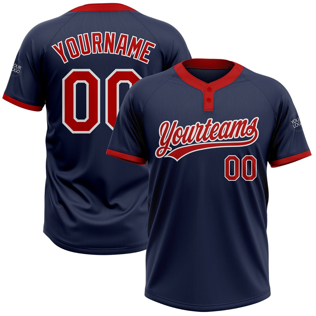 Custom Navy Red-White Two-Button Unisex Softball Jersey photo 1