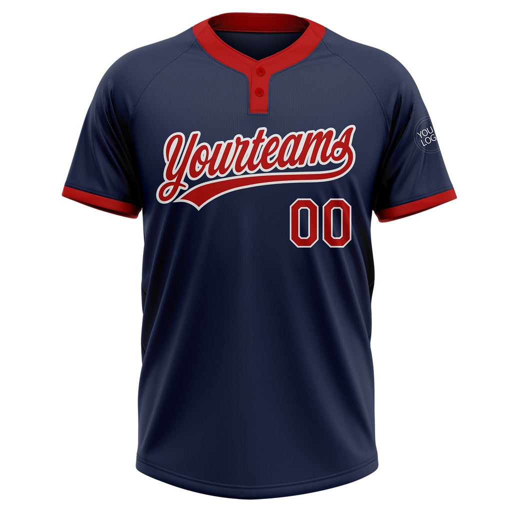 Custom Navy Red-White Two-Button Unisex Softball Jersey photo 3