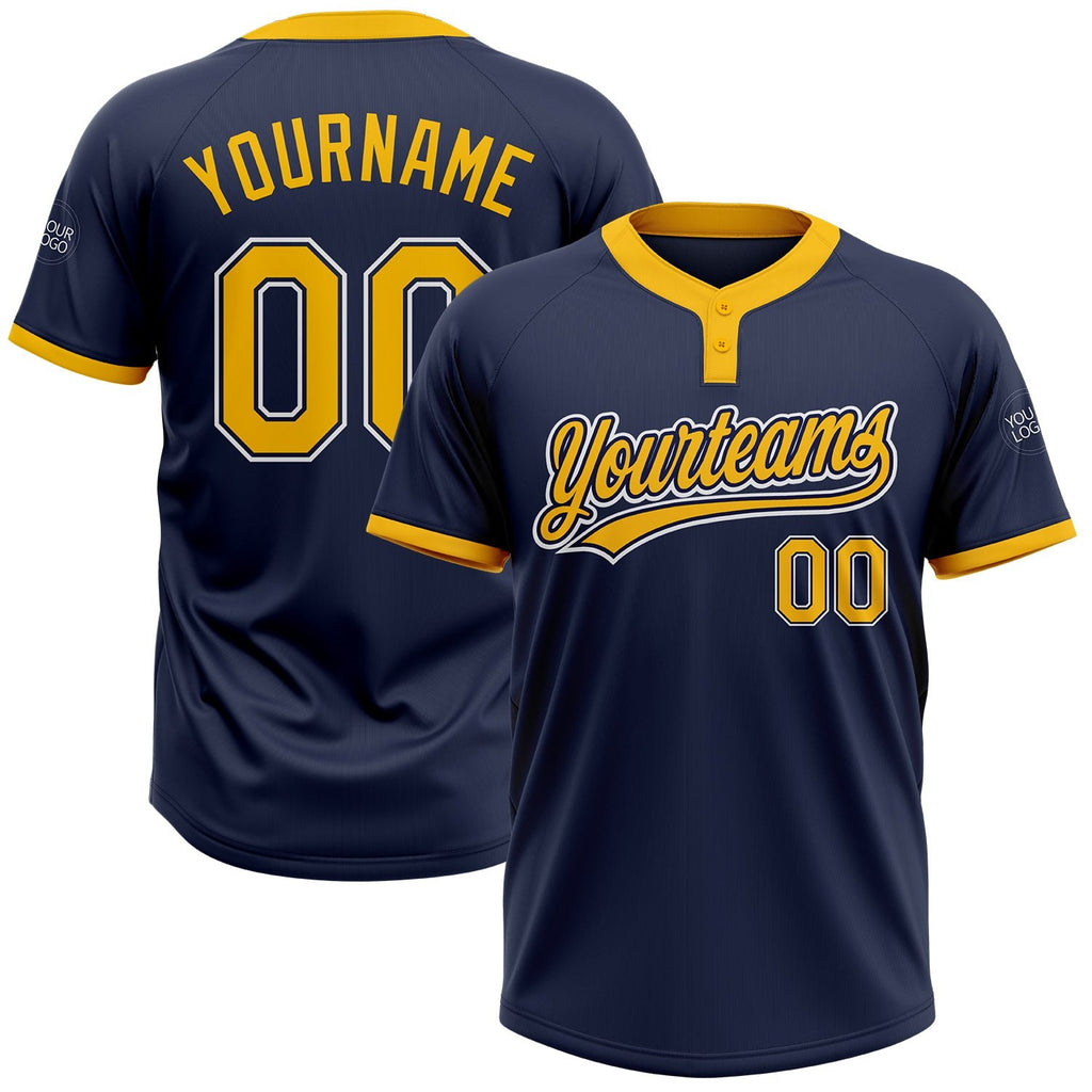 Custom Navy Gold-White Two-Button Unisex Softball Jersey photo 1