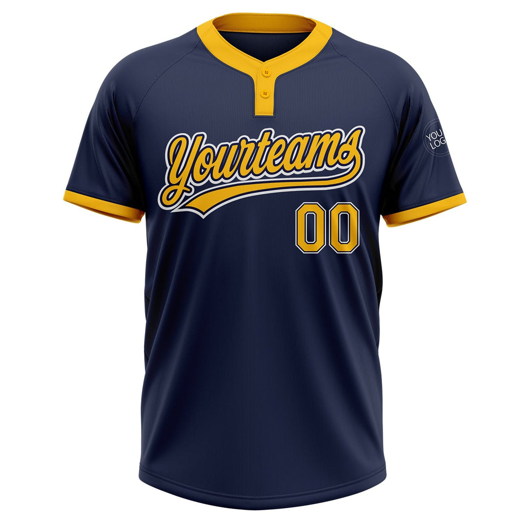Custom Navy Gold-White Two-Button Unisex Softball Jersey photo 2