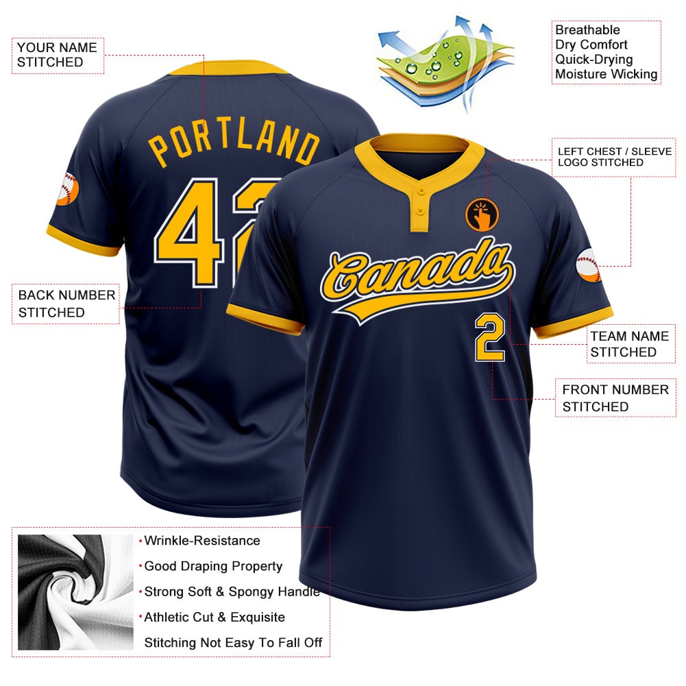 Custom Navy Gold-White Two-Button Unisex Softball Jersey photo 3