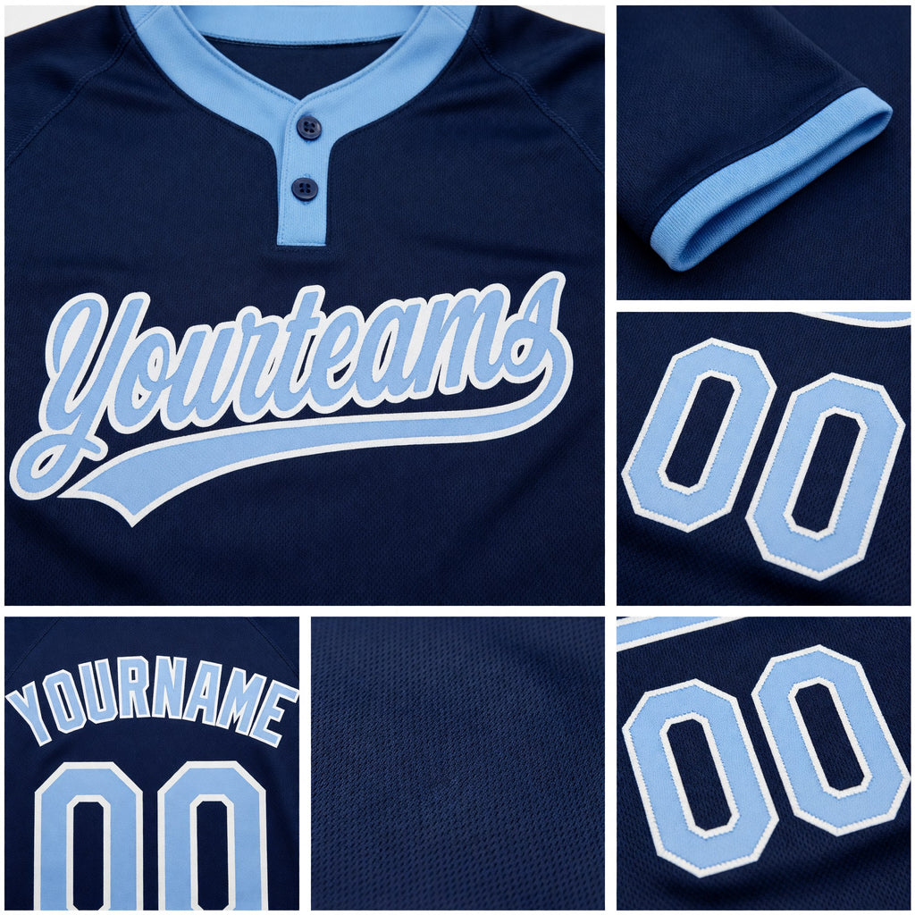 Custom Navy Light Blue-White Two-Button Unisex Softball Jersey detail