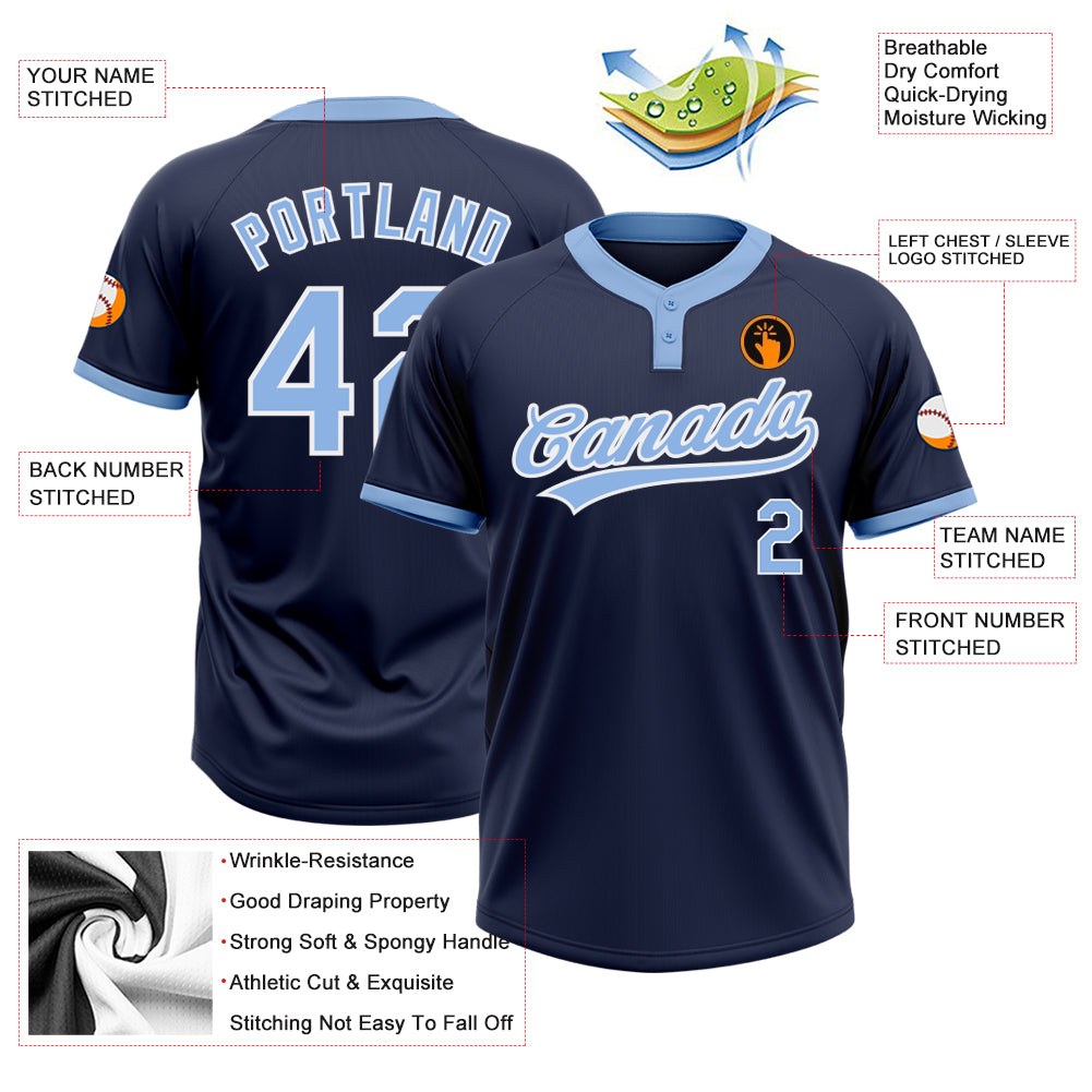 Custom Navy Light Blue-White Two-Button Unisex Softball Jersey photo 3