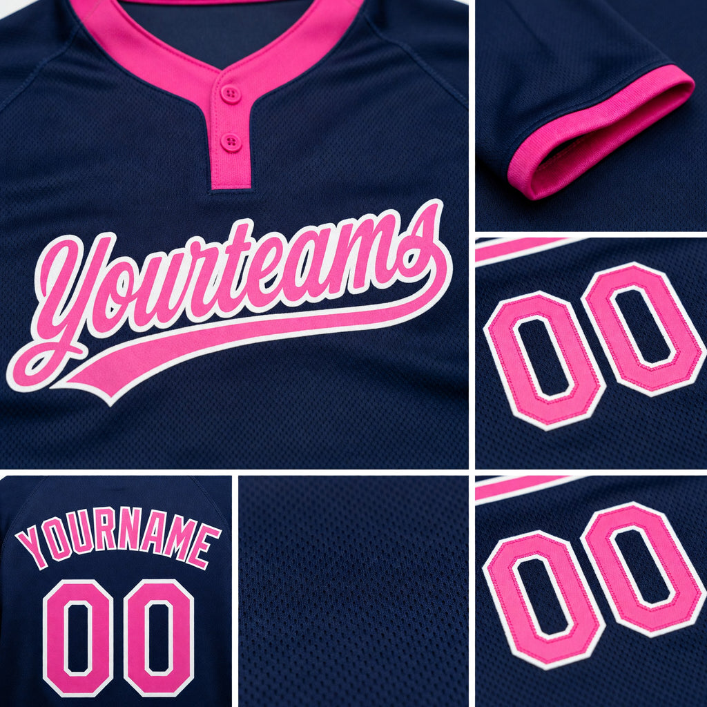 Custom Navy Pink-White Two-Button Unisex Softball Jersey detail