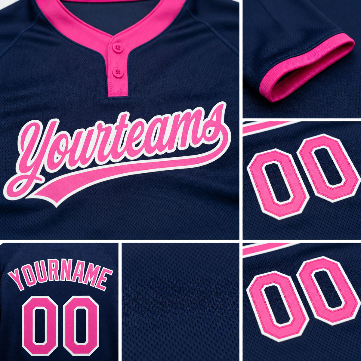 Custom Navy Pink-White Two-Button Unisex Softball Jersey detail