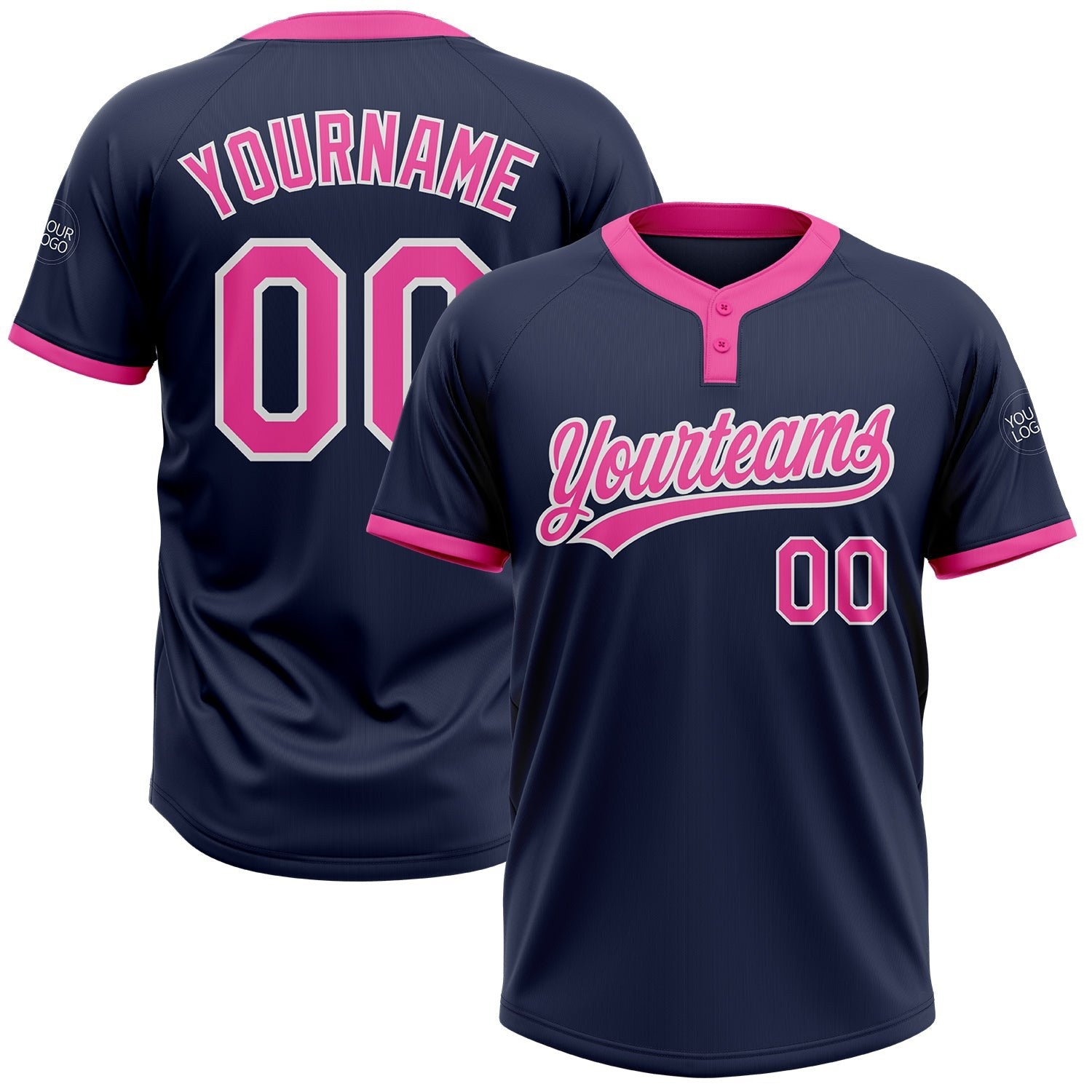 Custom Navy Pink-White Two-Button Unisex Softball Jersey photo 1