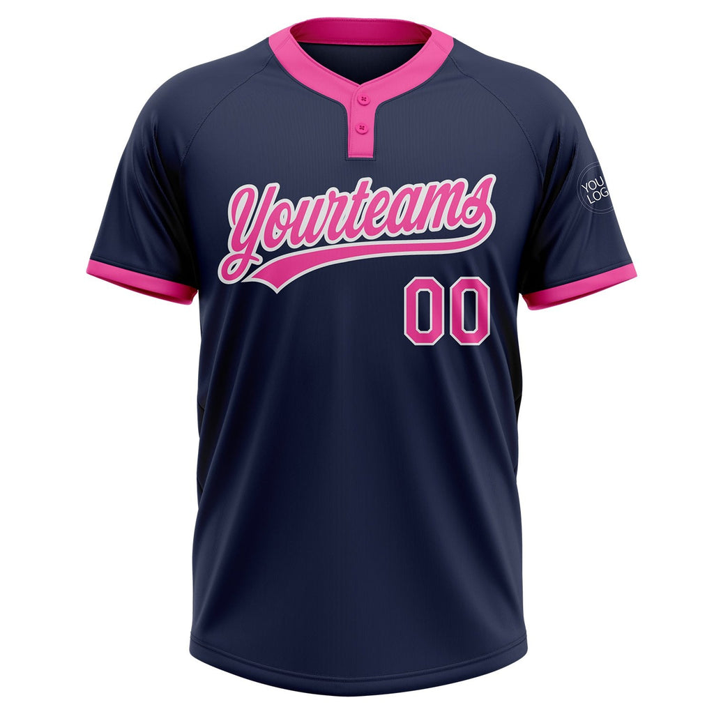 Custom Navy Pink-White Two-Button Unisex Softball Jersey photo 2