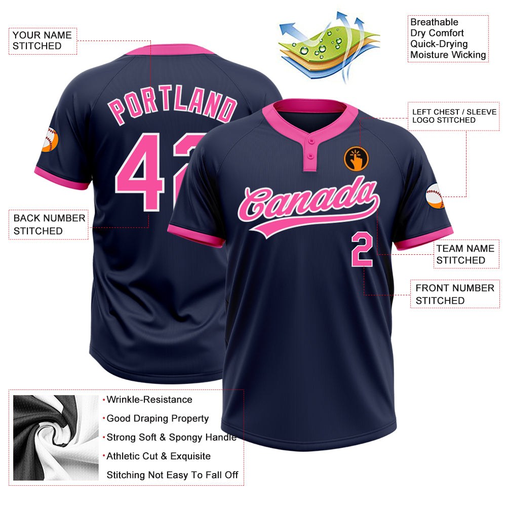 Custom Navy Pink-White Two-Button Unisex Softball Jersey photo 3
