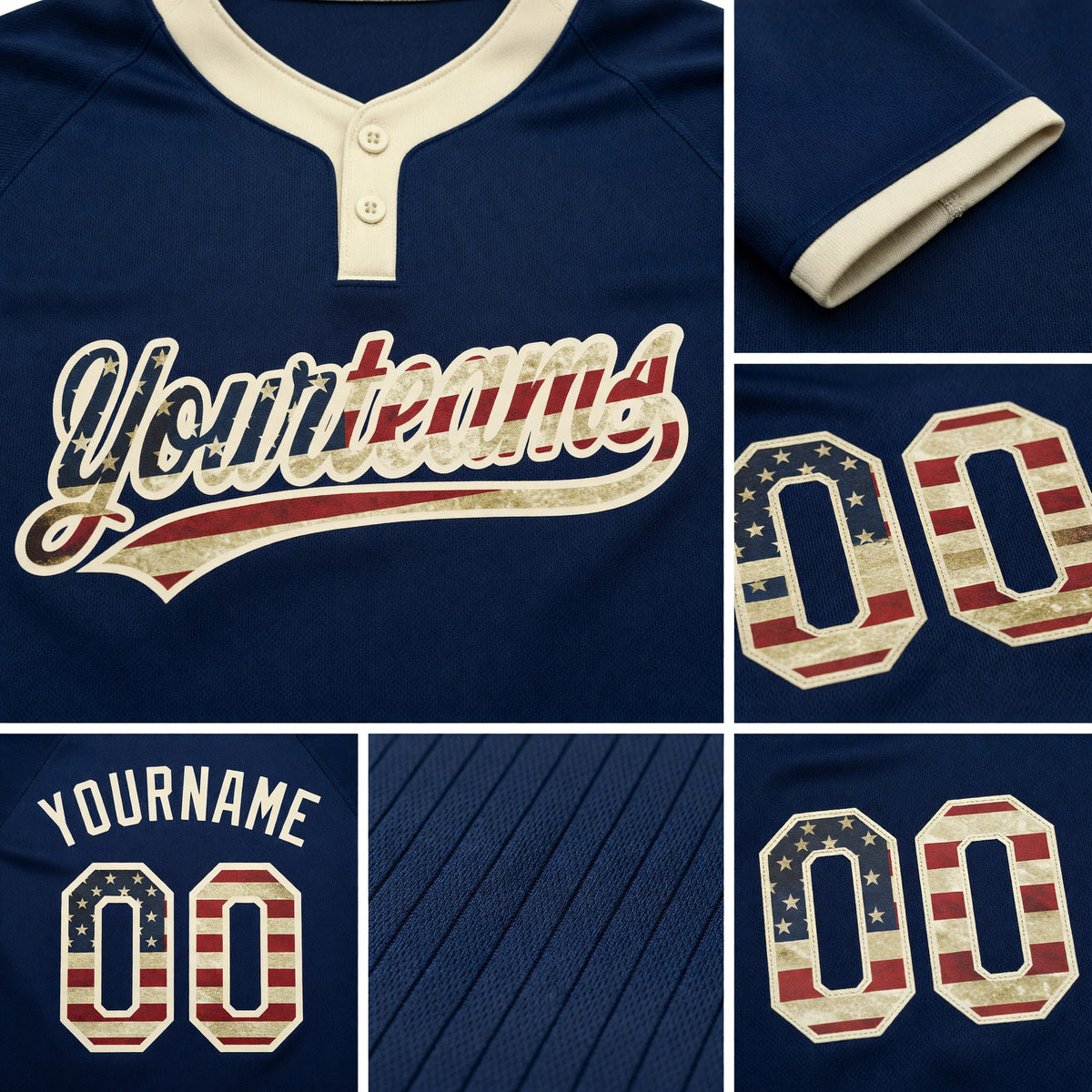 Custom Navy Vintage USA Flag-Cream Two-Button Unisex Softball Jersey detail