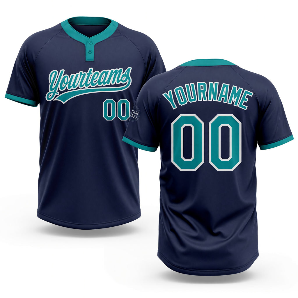 Custom Navy Teal-White Two-Button Unisex Softball Jersey