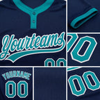 Custom Navy Teal-White Two-Button Unisex Softball Jersey detail