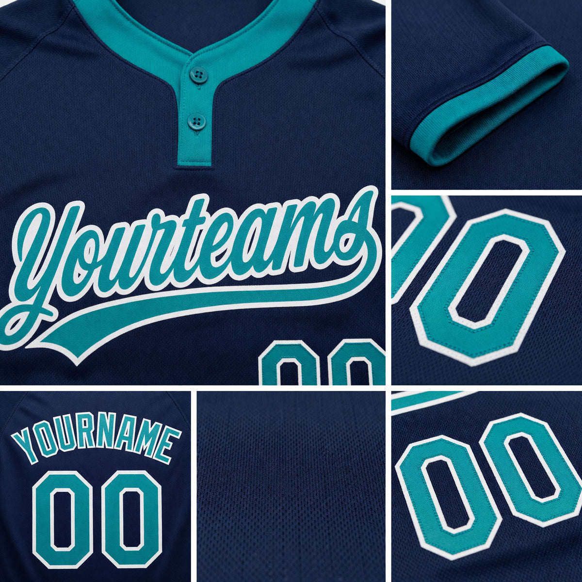Custom Navy Teal-White Two-Button Unisex Softball Jersey detail