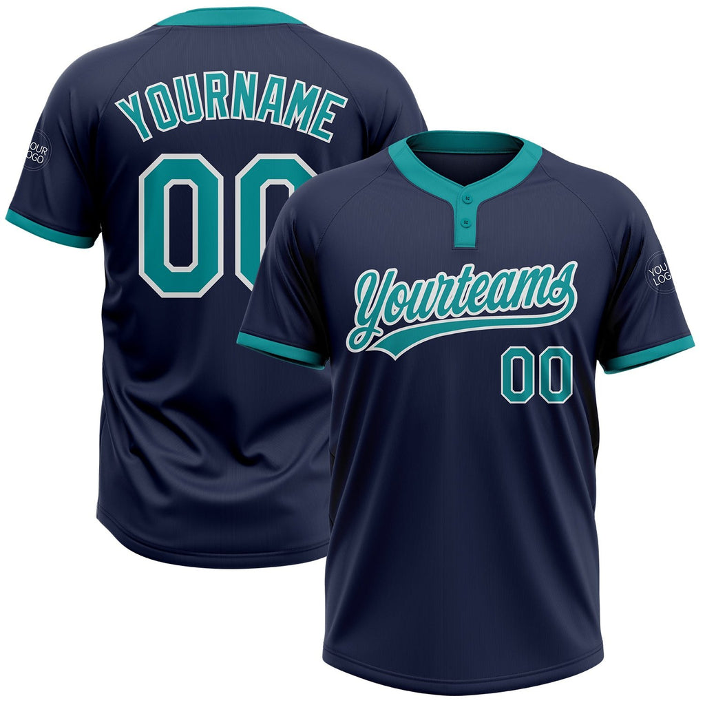 Custom Navy Teal-White Two-Button Unisex Softball Jersey photo 1