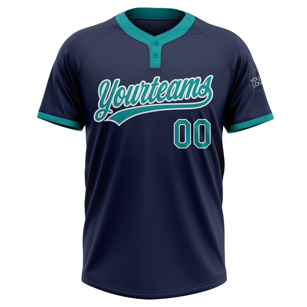 Custom Navy Teal-White Two-Button Unisex Softball Jersey photo 2