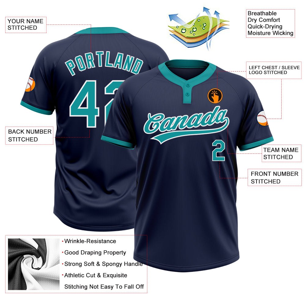 Custom Navy Teal-White Two-Button Unisex Softball Jersey photo 3